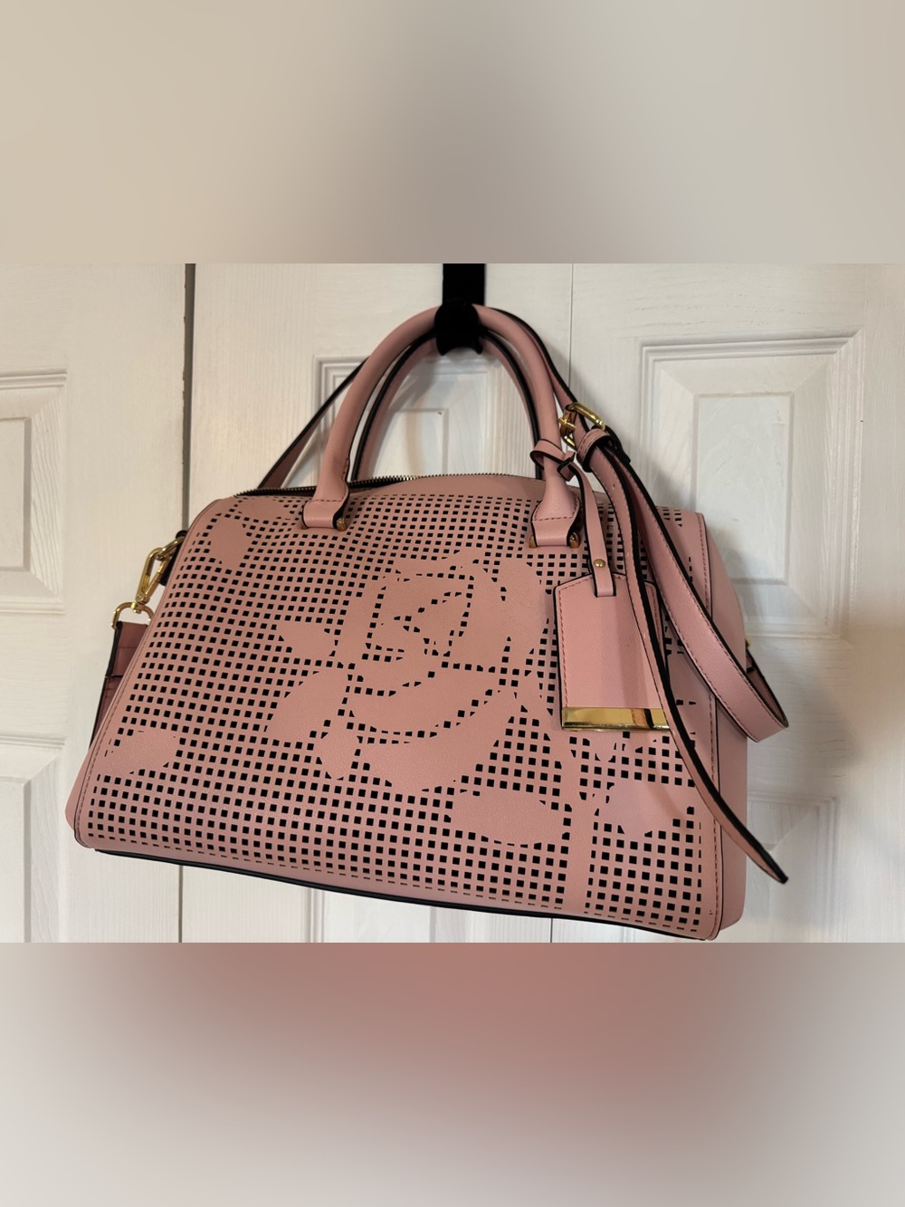 Pink Laser-Cut Floral Satchel with Top Handles and Detachable Strap
